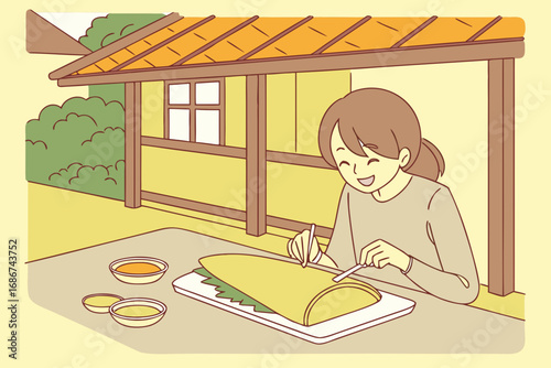 Young asian woman smiling while preparing food with utensils and dipping sauces food preparation cooking