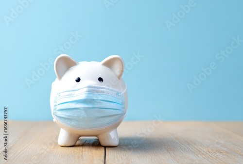 A white piggy bank wears a blue surgical mask, sitting on a light wooden surface against a light blue background