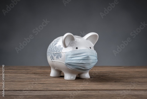 Piggy bank with a blue face mask, sits on wood. A gray background provides contrast, emphasizing the concept of financial security