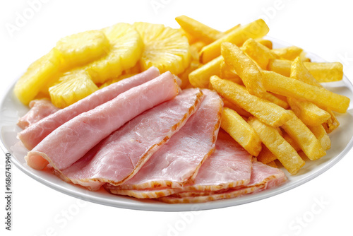A white plate holds sliced ham, french fries, and pineapple slices