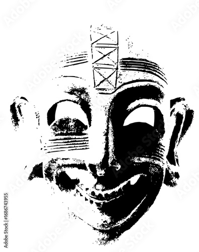 Striking tribal mask portrait with bold black and white contrast, evoking mystery and ancient culture