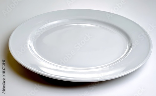 Plain white, ceramic plate with a raised edge, resting on a smooth, light surface.  Gentle shadows suggest a soft light source