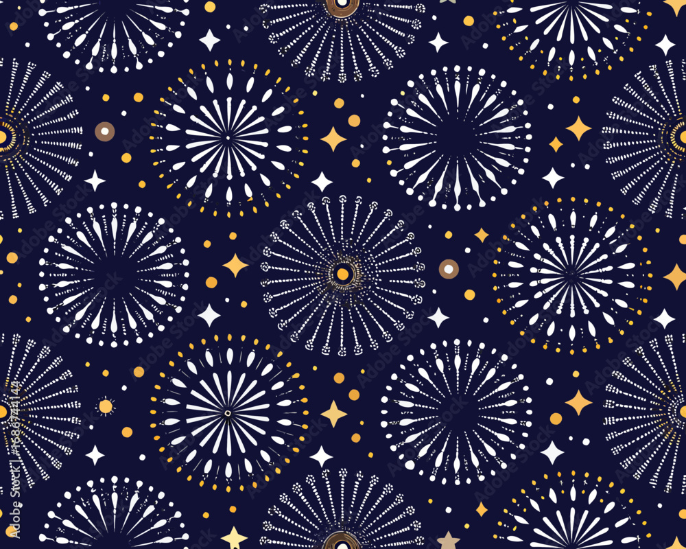 Seamless pattern of abstract fireworks and stars on a dark blue background