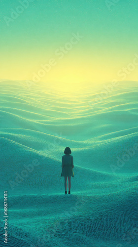 Woman standing alone on surreal turquoise waves, soft sunlight in distance, dreamy atmosphere, solitude and contemplation, partial silhouette, peaceful mood