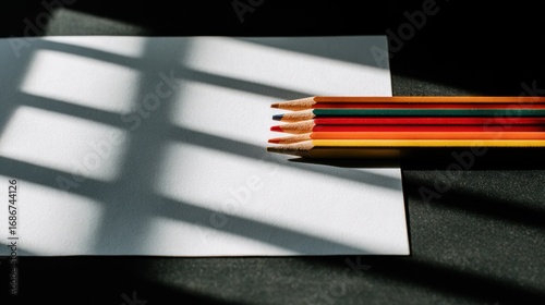Colored pencils rest on a white paper under a starkly lit space. Diagonal shadows cross the paper, creating a play of light and dark