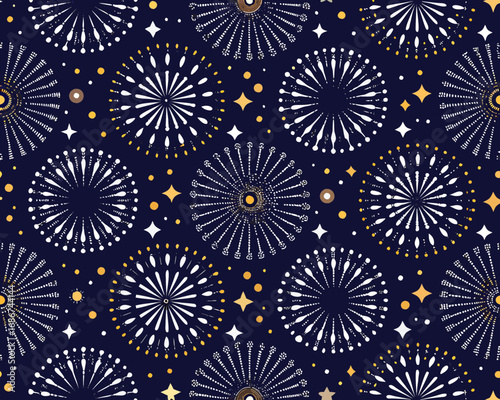 Seamless pattern of abstract fireworks and stars on a dark blue background