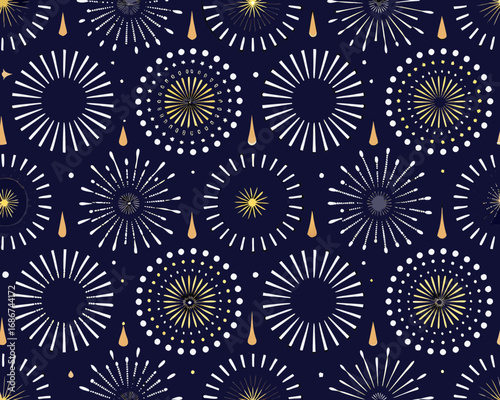 Abstract starburst and droplet pattern on dark blue background