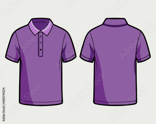 Front and back view of a purple polo shirt with short sleeves