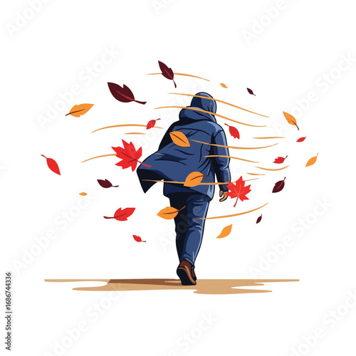 Person in blue jacket walking through strong autumn wind with swirling colorful leaves.