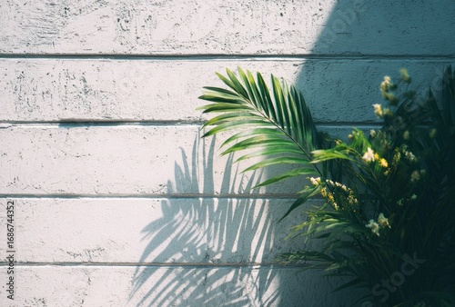 Green leaves and small white flowers cascade down a white wooden wall with horizontal planks, creating a sense of serenity and natural beauty