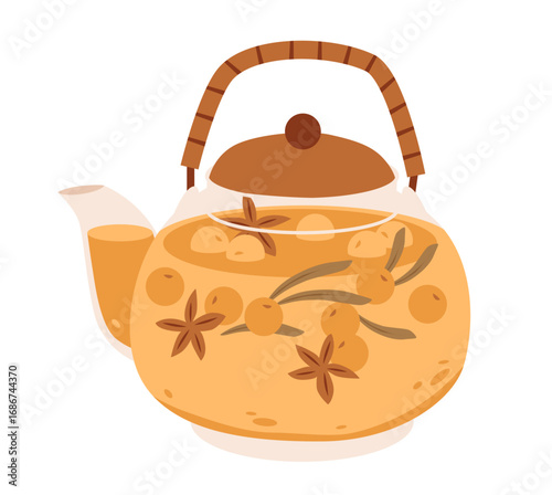 Teapot with warm herbal sea buckthorn tea. Autumn beverage design ideal for cozy recipes, seasonal food projects, and healthy drink concepts.