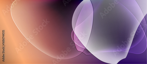 Abstract fluid shapes blend, creating soft gradients. Warm orange transitions into cool violet hues. Light plays across translucent forms.