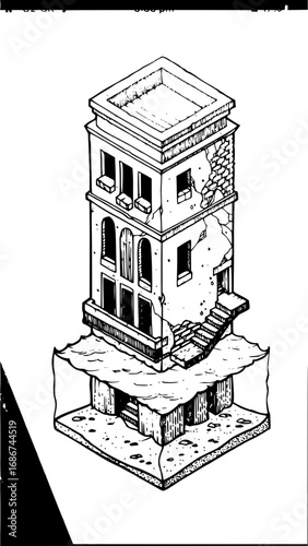 Ancient crumbling tower partially submerged in water, evoking mystery and lost civilizations