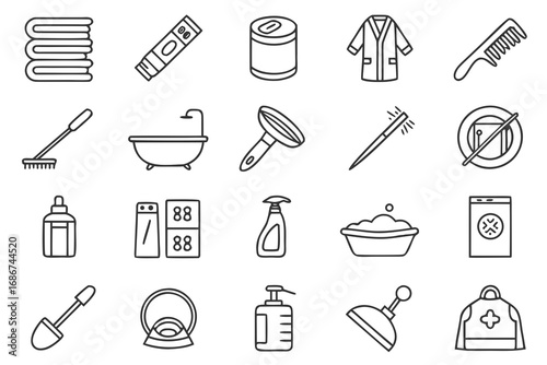 Collection of black line art icons for household and personal care items icon set household items