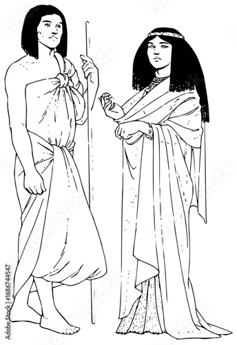 Ancient Egyptian man and woman in traditional attire, holding staff and jewelry, evoking historical elegance and culture.