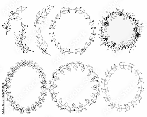Collection of hand drawn floral wreaths and botanical elements