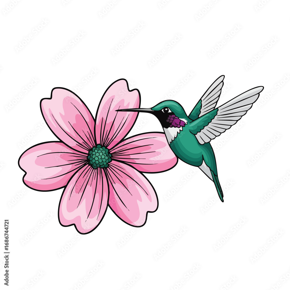 Naklejka premium Vibrant Green Hummingbird Hovering Near Pink Flower Illustration.