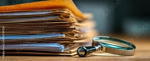 The magnifying glass over a stack of organized paperwork and documents.
