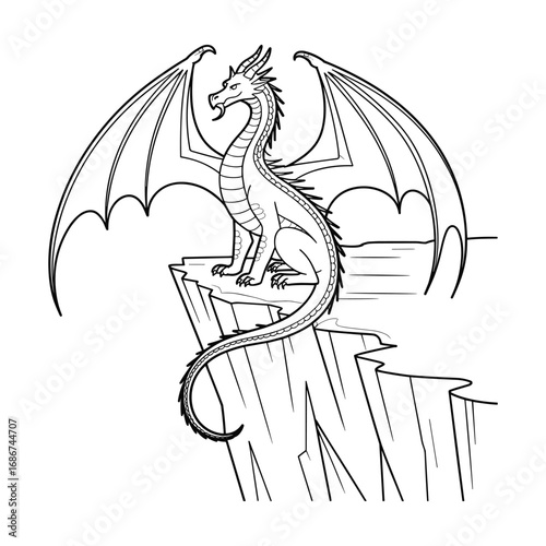 Majestic dragon perched on a rocky cliff edge with spread wings