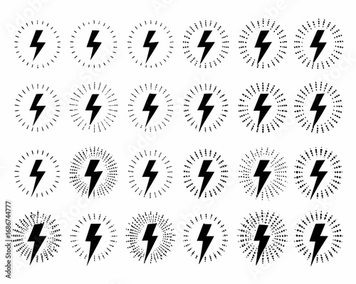 Collection of black lightning bolt icons with radiant burst effects