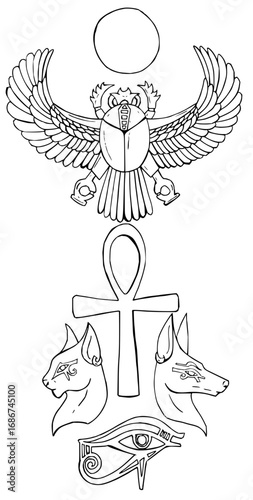 Explore ancient Egyptian symbolism featuring scarab, ankh, cat, jackal, and eye of Horus designs