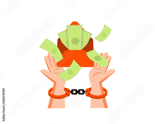 Conceptual illustration of financial crime, bribery, and corruption showing handcuffed hands receiving illegal cash from an envelope