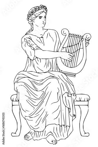 Elegant Muse playing lyre, inspiring artistic creation and classical beauty