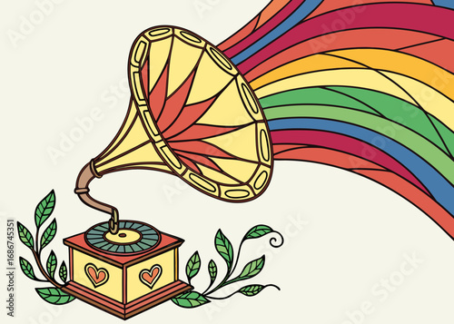 Vintage gramophone emitting colorful sound waves and decorated with leaves and hearts