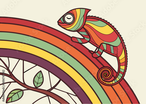 Colorful chameleon climbing on a rainbow arc with tree branches