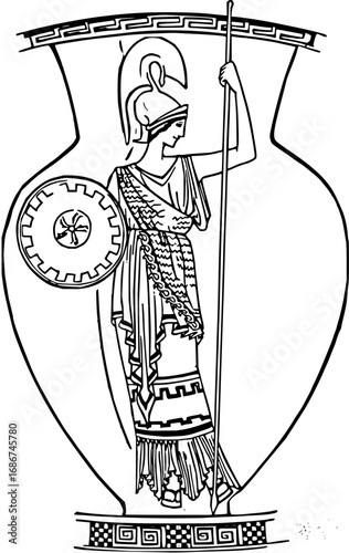 Majestic Athena warrior goddess holding spear and shield within elegant Greek vase design