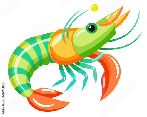 Cartoon illustration of a colorful shrimp with green and orange segments