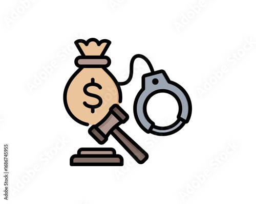 Financial crime and justice concept icon with money bag, handcuffs, and gavel. Vector illustration for corruption, bribery, and legal punishment
