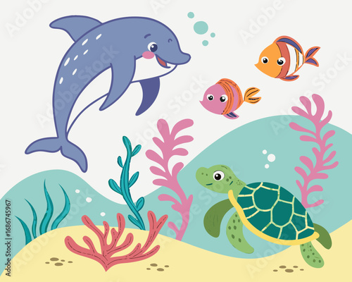 Cute cartoon dolphin fish and turtle swimming underwater with coral