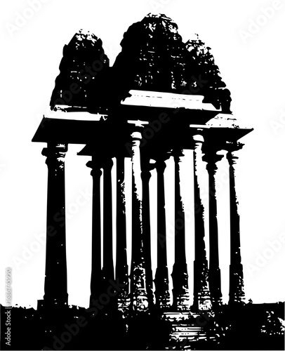 Majestic ancient temple pillars create a dramatic silhouette against a stark white background.