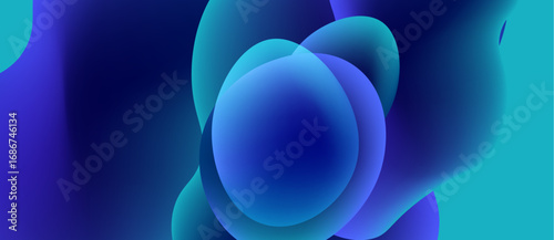 Abstract fluid shapes, blue hues dominate. Soft gradients create depth, smooth transitions visible. Minimalist design, calming aesthetic.