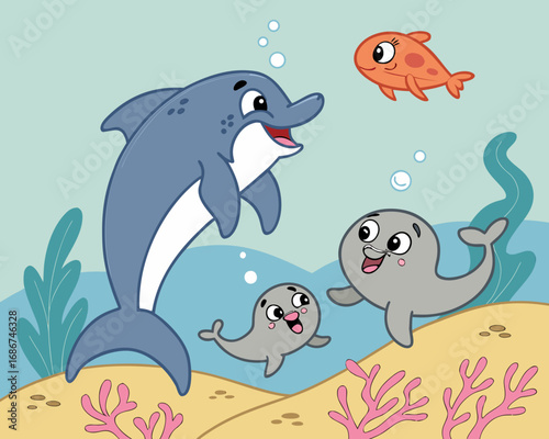 Cute cartoon dolphin seals and fish playing underwater