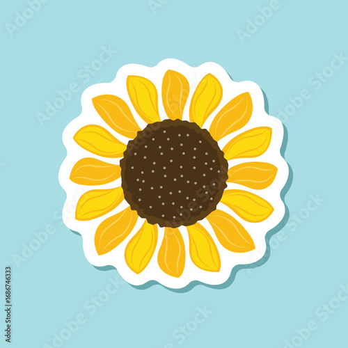 Sunflower colourful sticker icon in flat style. Flora vector illustration on isolated background. Sunflower sign business concept.
