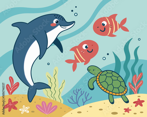 Cute cartoon dolphin fish and turtle swimming underwater with coral and seaweed