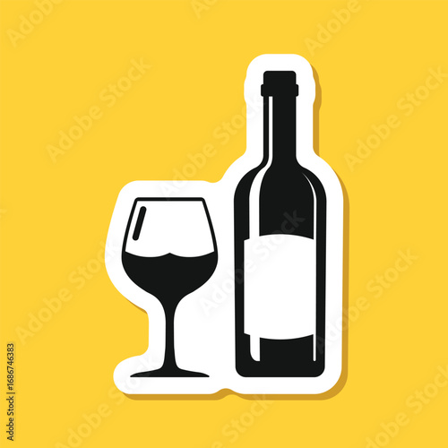 Wine bottle with glass sticker icon in flat style. Alcohol drink vector illustration on isolated background. Champagne beverage sign business concept.