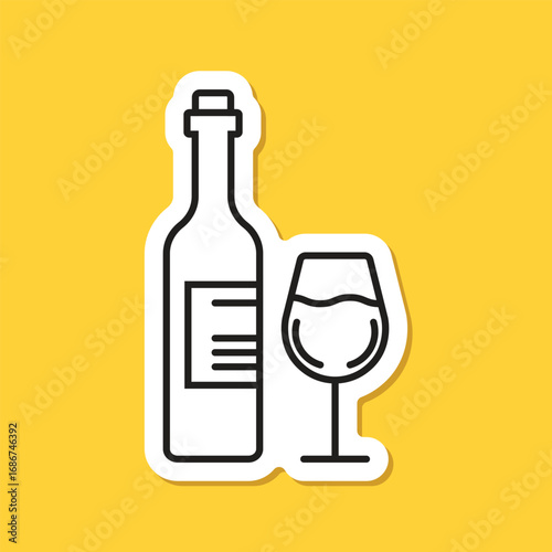Wine bottle with glass sticker icon in flat style. Alcohol drink vector illustration on isolated background. Champagne beverage sign business concept.