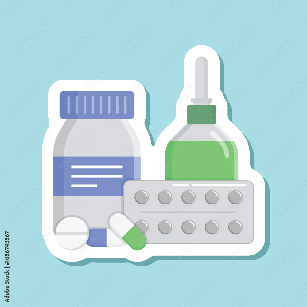 Fototapeta premium Pills capsules sticker icon set collection in flat style. Medical tablet vector illustration on isolated background. Healthcare drug sign business concept.
