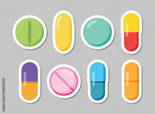 Pills capsules sticker icon set collection in flat style. Medical tablet vector illustration on isolated background. Healthcare drug sign business concept.