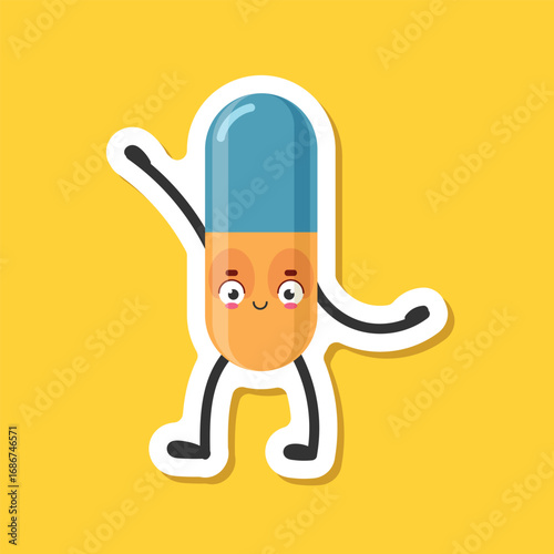 Cute character pills sticker icon in flat style. Happy tablet vector illustration on isolated background. Medical drug sign business concept.