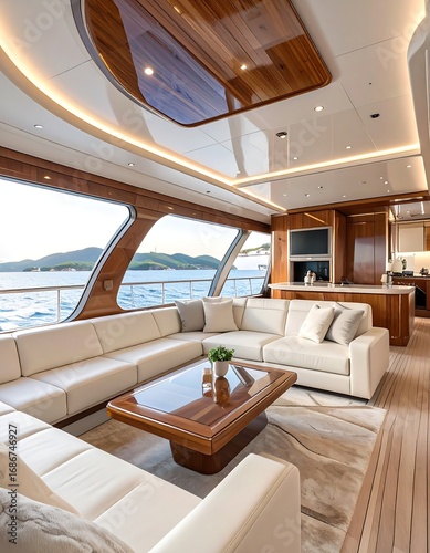 Luxurious yacht interior, spacious salon