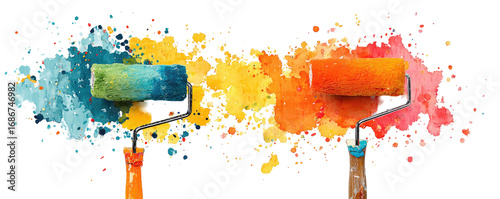 Colorful paint rollers amidst vibrant splatters