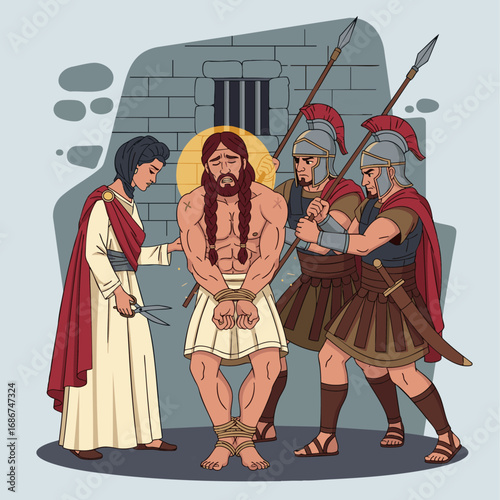 Samson, betrayed by Delilah, is imprisoned by the Philistines, bible story