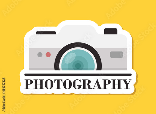 Camera sticker icon in flat style. Photography vector illustration on isolated background. Photo sign business concept.