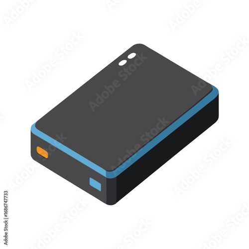 Isometric Black Portable Power Bank with Blue and Orange Accents Keywords: power bank, portable