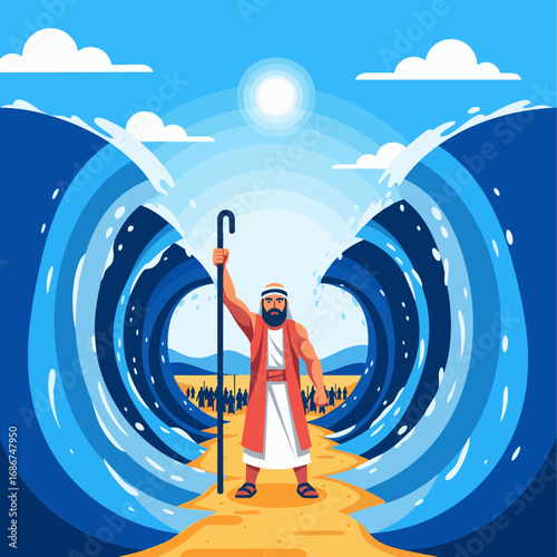 Moses hold the stick and the waters of the Red Sea, bible story