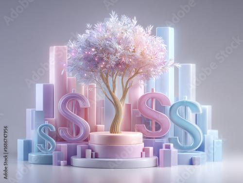 Money tree concept with glowing pastel cityscape and dollar signs symbolizing financial growth and prosperity in soft light